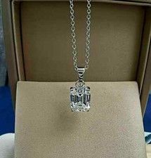 3Ct Emerald Cut Diamond Solitaire Pendant Solid 14K White Gold Finish Free Chain