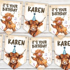 Personalised Birthday Bunting, Highland Cow Birthday Bunting Hanging Banner