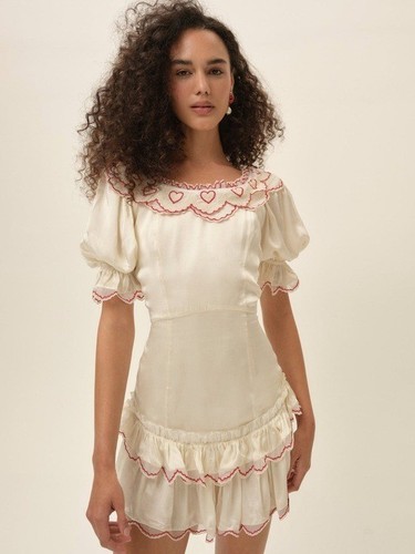 $369 NWT For Love And Lemons “Amor”Embroidered Mini Dress in Cream Sz XS