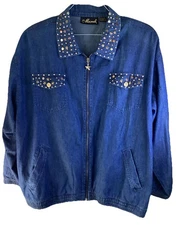 Vntg Mureli Denim Embellished Full Zip Jacket Removable Shoulder Pads Retro 80’s