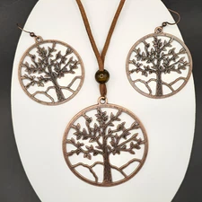 Brown Tree Of Life Pendant Necklace Earrings Fashion Jewelry Set Nature Women