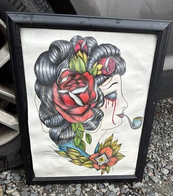Hand Drawn Pin Up Flash Tattoo Style Portrait Large Sized With Frame 1 Of A Kind