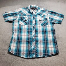 Carbon Western Button Up Short Sleeve Plaid Shirt Green Rust Red White Men Sz L