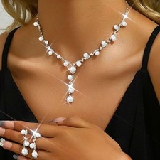 Silver Pearl Bridal Wedding Jewelry Set Rhinestone Necklace Earrings Set