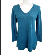 Eileen Fisher Peacock Blue Organic Linen Cotton V-Neck Sweater Size small