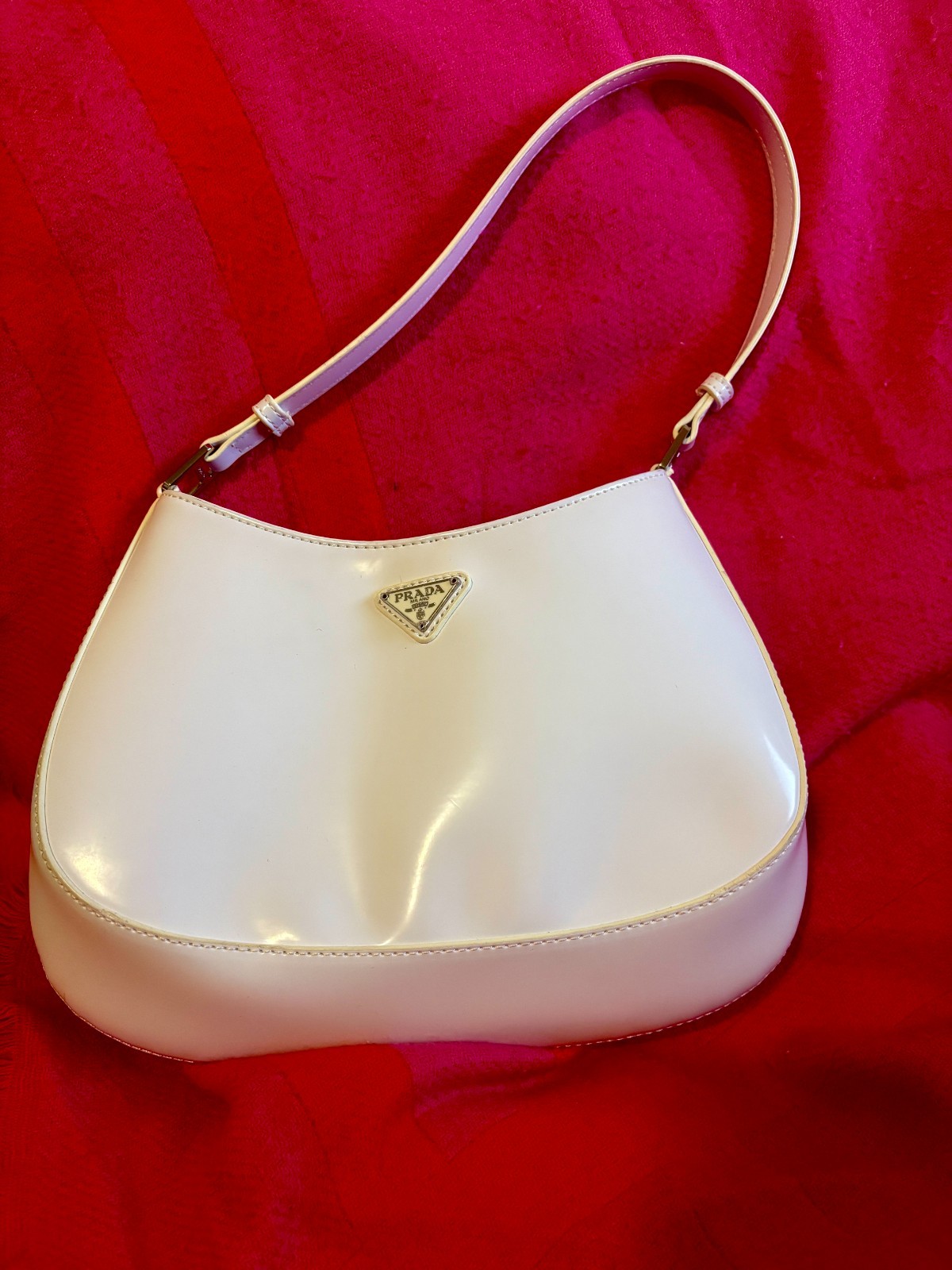 Authentic White Prada Cleo Brushed Leather Shoulder Bag Spazzolato Triangle Logo