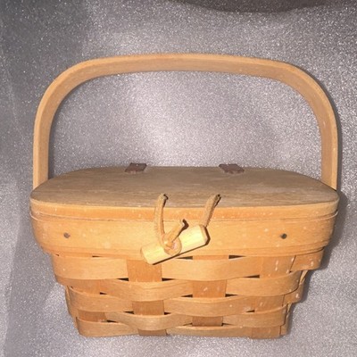 Longaberger Small Handwoven Wood Picnic Basket w/ Lid Handle Toggle Brown