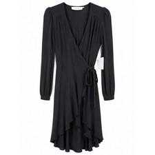 ASTR The Label NWT Black Silk Blend Wrap Midi Dress Ruffle Long Sleeve Chic XS
