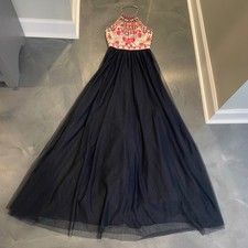 Blondie Nites Stacy Sklar Floral Embroidered Halter Prom Dress Gown Size 5 Navy