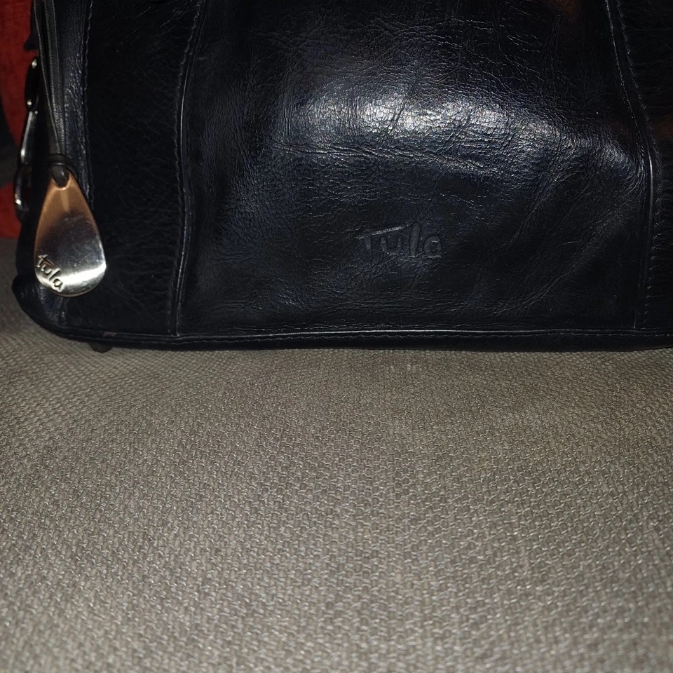 VINTAGE TULA BLACK LEATHER MINI BOWLING TOTE BAG WITH BAGTAG  9"x6"x2.5" VGC - Image 2 of 4