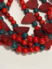 Christmas Tree Garland Red Green Wooden Beads Hearts 8 ft. Three Sets Primitive