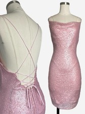 Hello Molly Baby pink sequin cowl neck open back lace up dress stretchy event 6