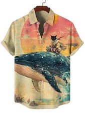Men's Fun Black Cat Warrior Art 3D Animal Printed Casual Hawaiian Shirt Summer