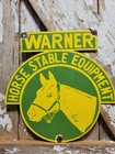 VINTAGE EQUESTRIAN PORCELAIN SIGN OLD WARNER HORSE STABLE EQUIPMENT TACK BARN 12