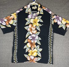 VTG Campia Moda Rayon Shirt Mens L Black Floral Hawaiian Short Sleeve Button Up