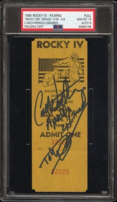 1985 ROCKY IV FILMING TICKET PSA 10💎AUTOGRAPHED BY CARL WEATHERS