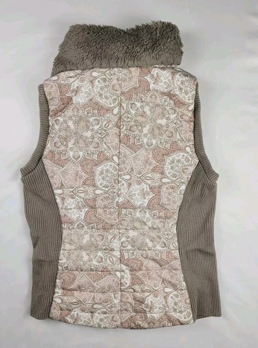 Ruby Rd Puffer Vest Jacket Womens Large Floral Paisley Faux Fur Collar Zip - Picture 2 of 5