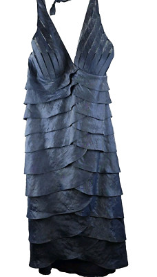 Cache Cache Halter Dress Womens 12 Blue Metallic Layered Ruffle Back Zipper