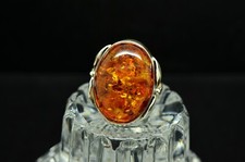 925 Sterling Silver Large Oval Orange Amber Solitaire Ring Band Size 6.25