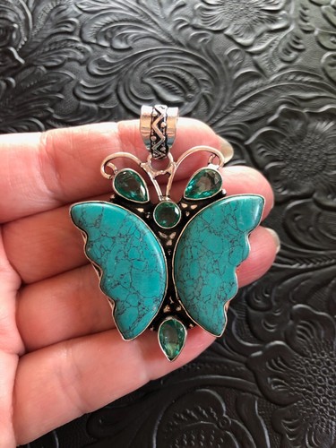 Blue Green Mosaic Garden Jasper Hand Carved Butterfly Artisan Pendant 2"