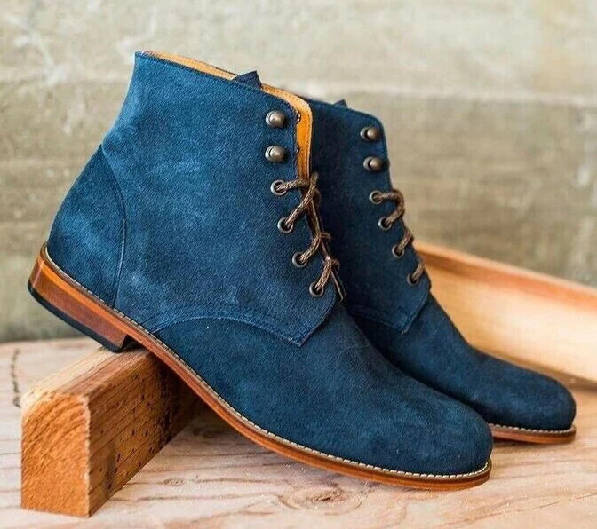 Men\'s Handmade Blue Suede Lace Up Ankle Boots Designer Dress Boots Bobbies 12 Handmade Mens Ankle High Boot, Men main image 2