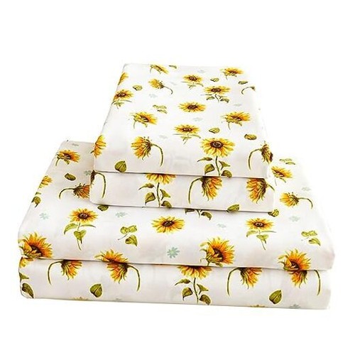 Floral Sheet Set Printed Bed Sheets Double, Brushed Microfiber Full Sunflower