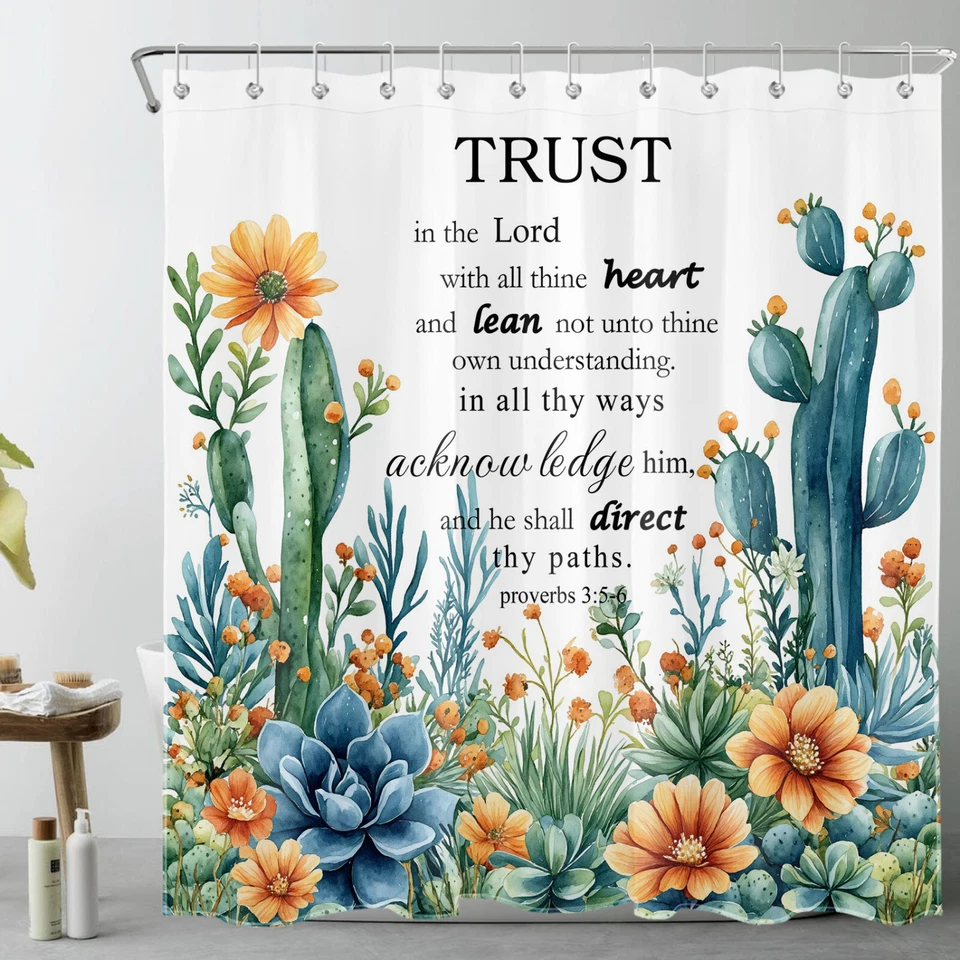 Garden Green Succulent Plant Orange Flower Shower Curtain Set for Bathroom Decor - Image 2 of 4