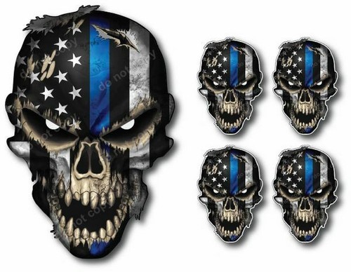 5x Thin Blue Line USA American Flag Police Skull  Sticker Decal Car Truck Window - Picture 1 of 3