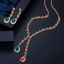 18k Gold CZ Green Red Four Leaf Long Party Necklace Earrings Luxury Jewelry Set