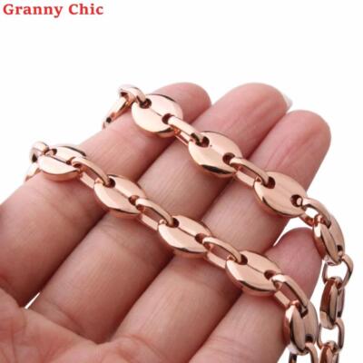 7/9/11mm Men Women Rose Gold Tone Stainless Steel Coffee Beans Chain Necklace