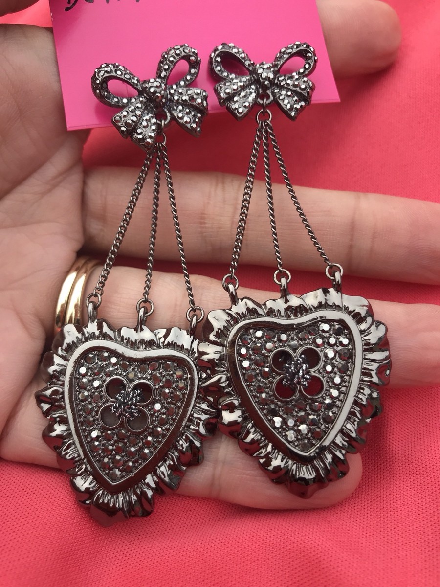 Betsey Johnson Vintage Hematite Pewter Button Heart Bow Buttoned