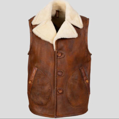 Men's Brown Sheepskin Leather RAF B3 Bomber Vest - Aviator Shearling Fur Vest