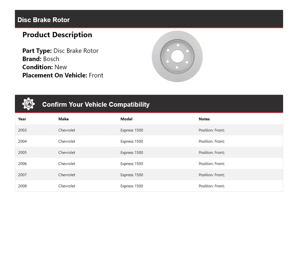 Rotor de freno de disco delantero 2004 para Chevrolet Express 1500 Bosch QuietCast 2003-2008 Foto 2 de 4