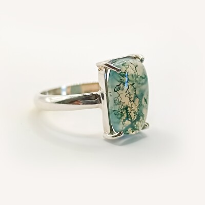Moss Agate Genuine Gemstone Ring:925 Sterling Silver  Nature's Masterpiece''