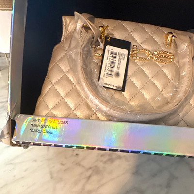 bebe Mini Gold Quilted Satchel Top Handle Zip Bag Gift Set w/ Card Case