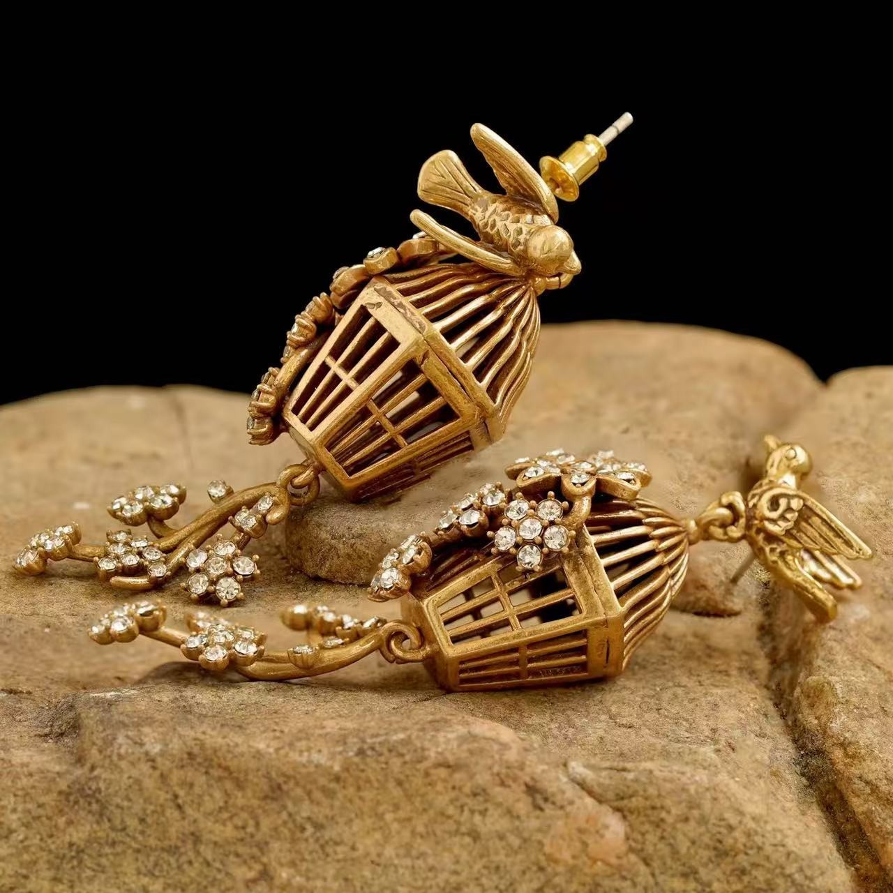 Gold Tone Statement Earrings With Crystal Details