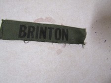 MILITARY PATCH US ARMY NAME TAPE OD GREEN COMBAT USED WITH NAME BRINTON SYNTHETI
