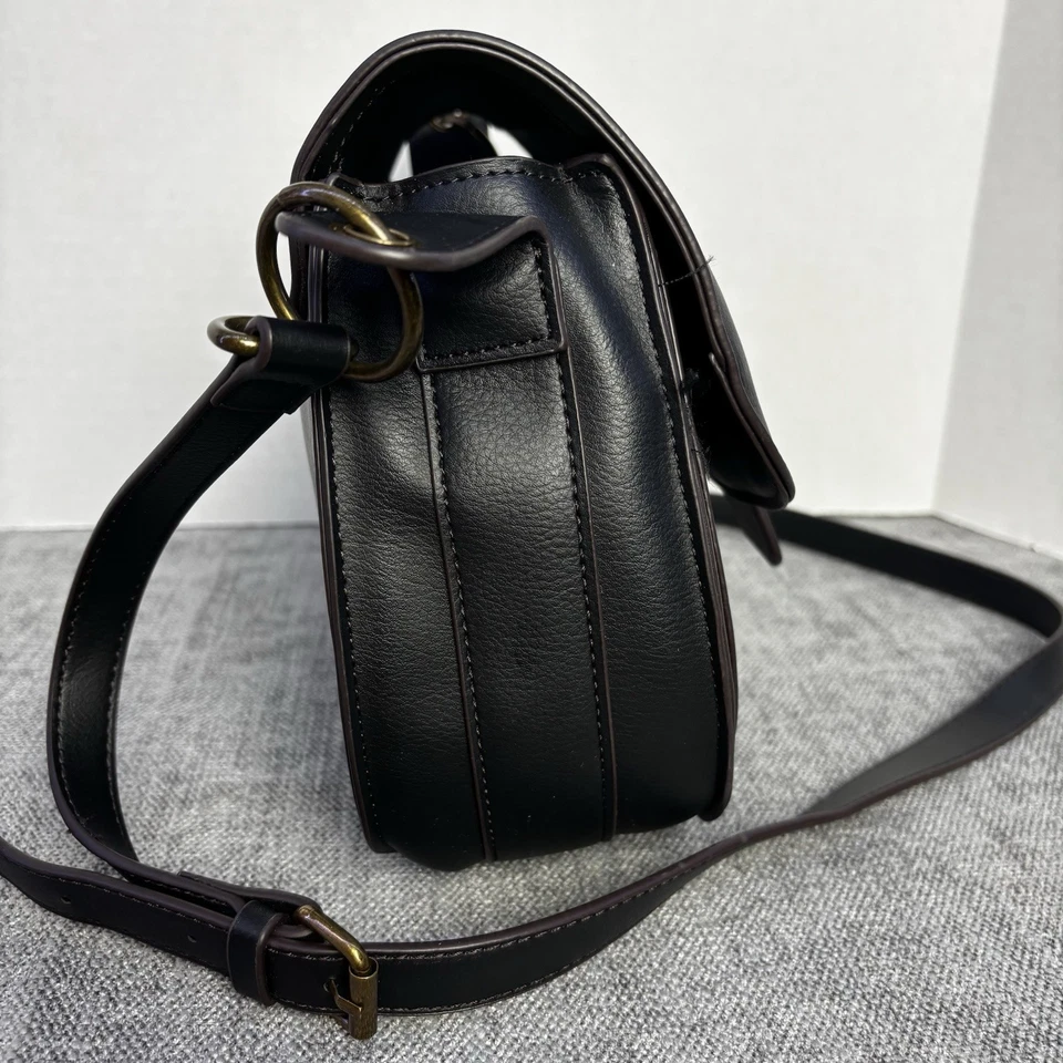 A.N.A. Black Leather Crossbody A New Approach Bag Adjustable Strap Brass Accents - Image 3 of 4