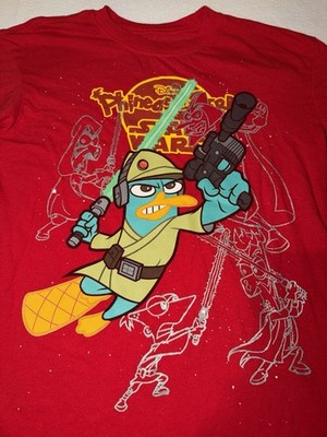 Disney Phineas and Ferb Star Wars Graphic T-Shirt Kids Size Large 10/12 Red