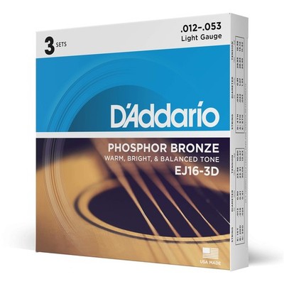 D'Addario Gitarrensaiten - Phosphor Bronze Acoustic Light, 12-53, 3er-Pack 