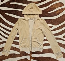 Vintage Y2K McBling Juicy Couture Beige Velour Zip Hoodie Lace Cuff Sz M No Zipp