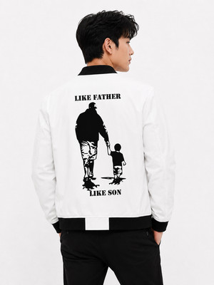 Men's White ''Like Father Like Son'' Bomber Jacket DTF Print Cotton Poly XXS-5XL