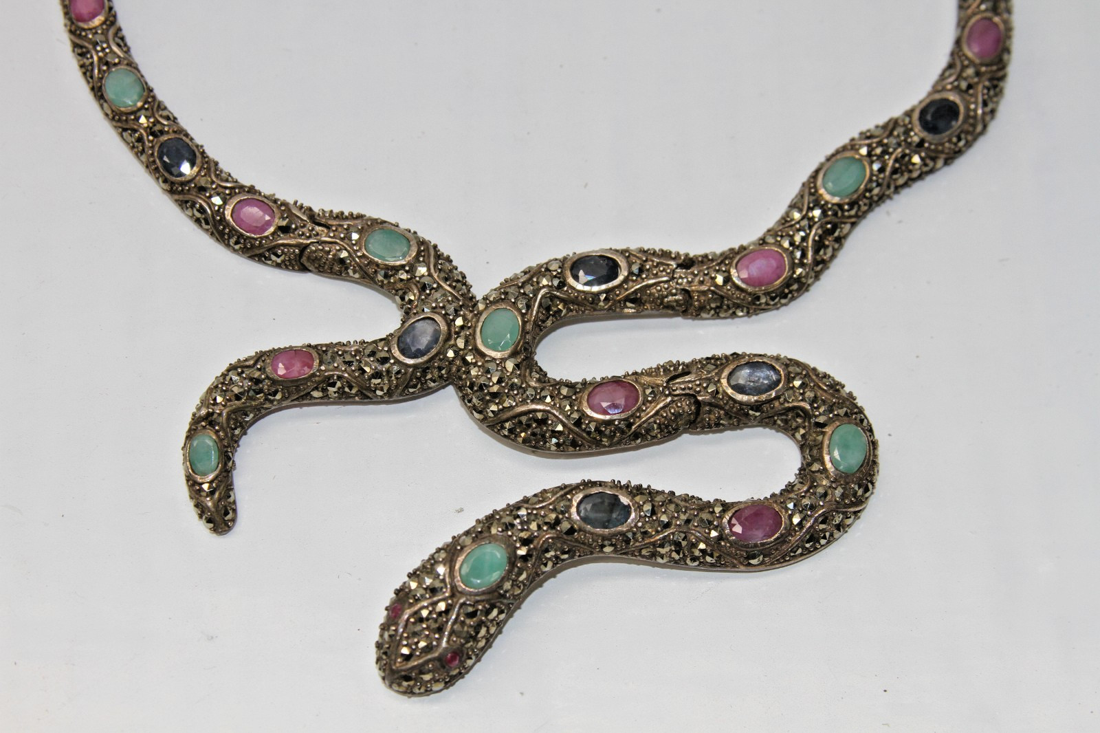 Ruby, Emerald, Sapphire, Marcasite Snake Necklace… - image 3