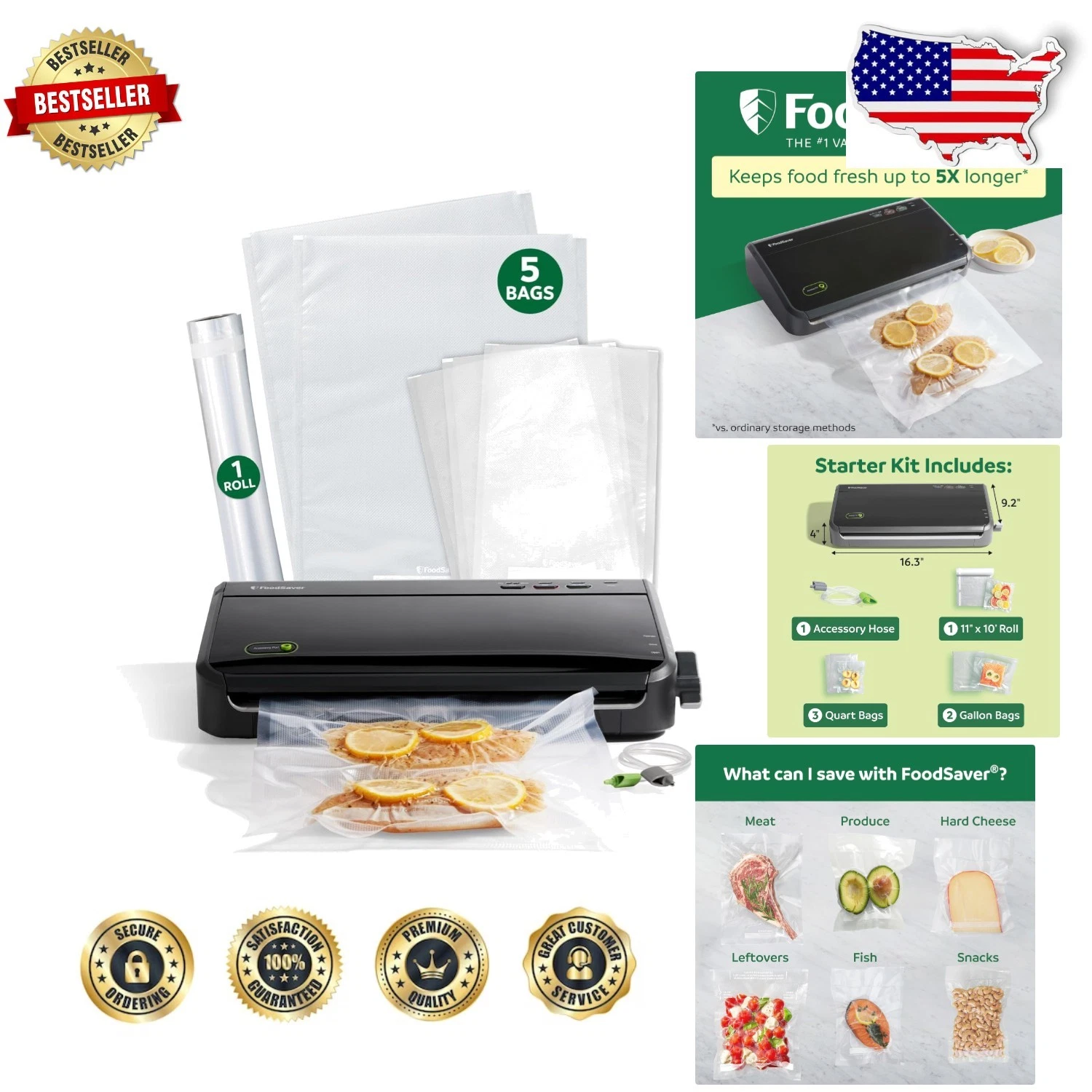 Automatic Vacuum Sealer Machine Sous Vide Friendly w/ Bags Roll Hose Black