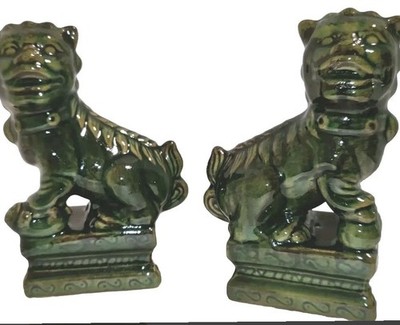 Foo Dog Guardian Figures 2 Green Pair Ceramic Book Case Shelf Mantel 