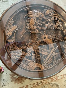 Hand carved Chinese Wood Table with Glass Top and Matching Stools, Brown