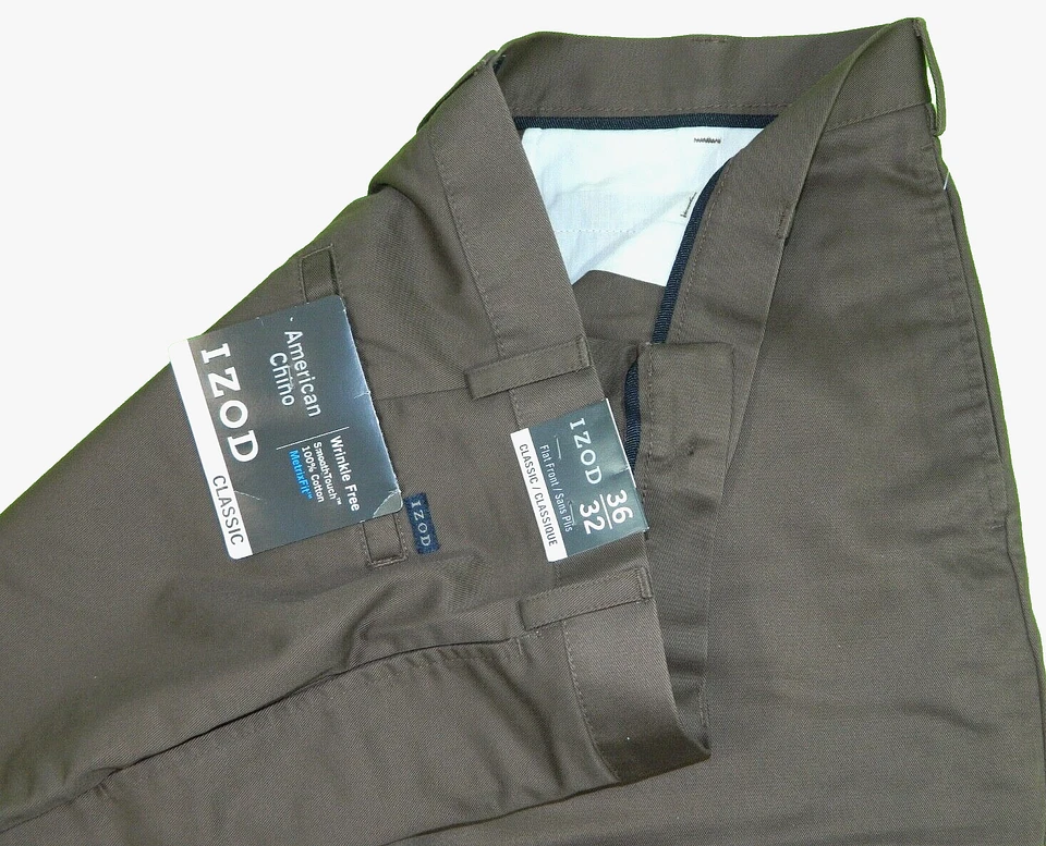Pantalones Chinos Para Hombre NUEVOS IZOD Marrón Clásico Etiqueta Americana 36x32 Medida Talla 35x31 Foto 2 de 4