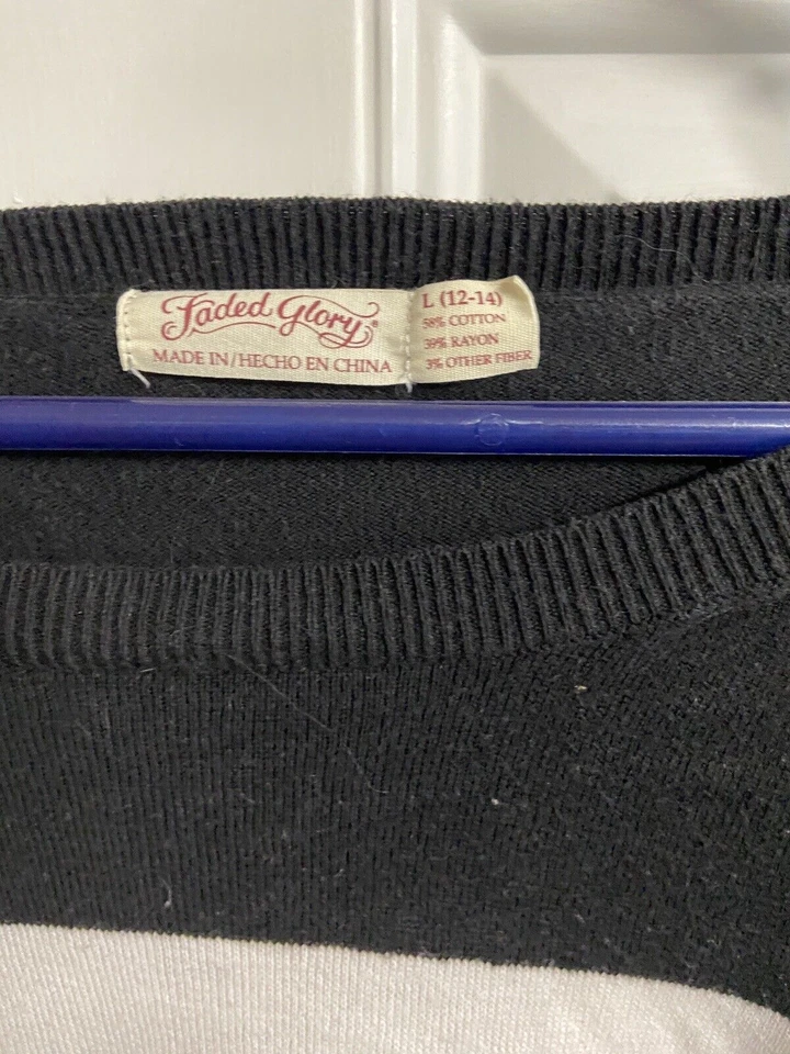 Suéter Glory Desteñido Niñas Grande Negro Blanco Rayas Tejido Mangas Largas Pullover Foto 4 de 4