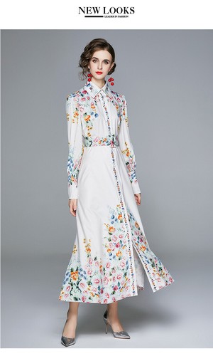 Spring Summer Women Retro Printed Shirt Collar Fashion Bubble Sleeves Long Dress - Picture 21 of 23