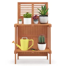 Folding Garden Potting Bench with 2-tier Storage Shelves and Teak Oil Finish for